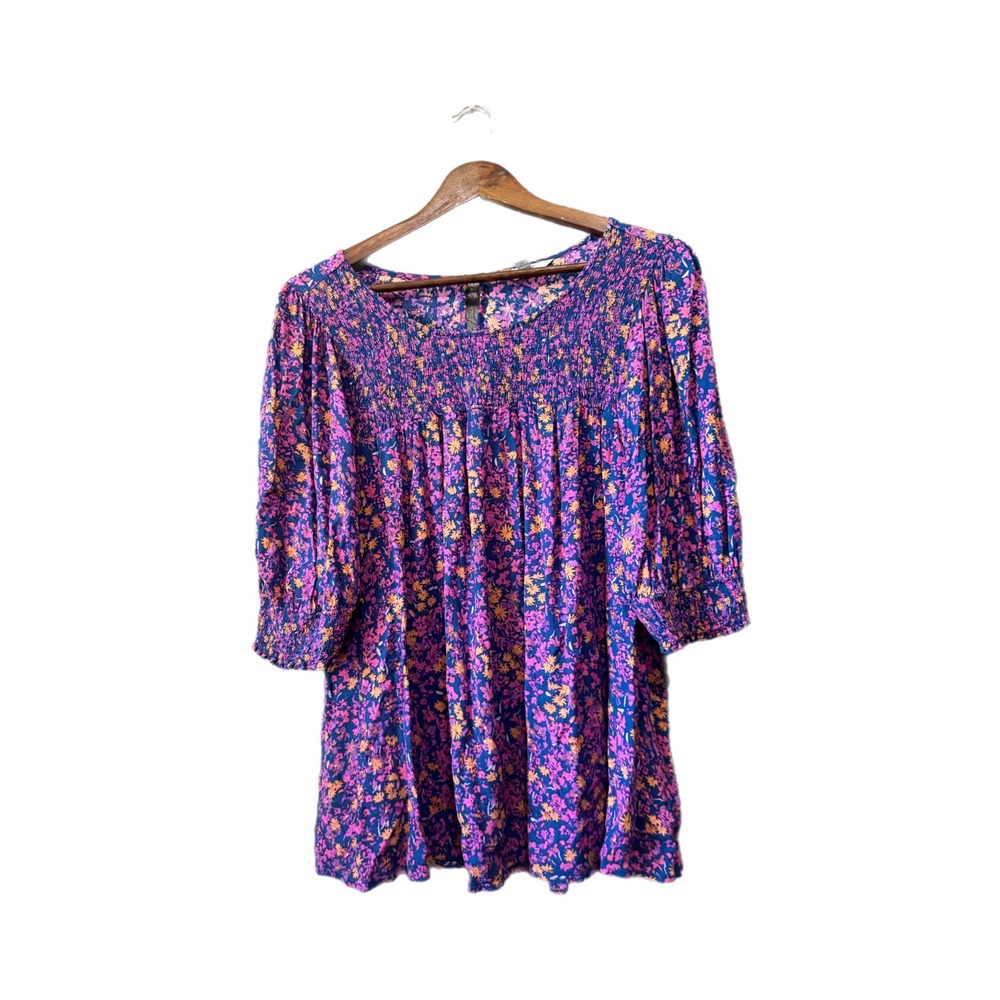 Terra & Sky Floral Smocked Blouse Womens 1X Purple Pink Excellent Boho Top